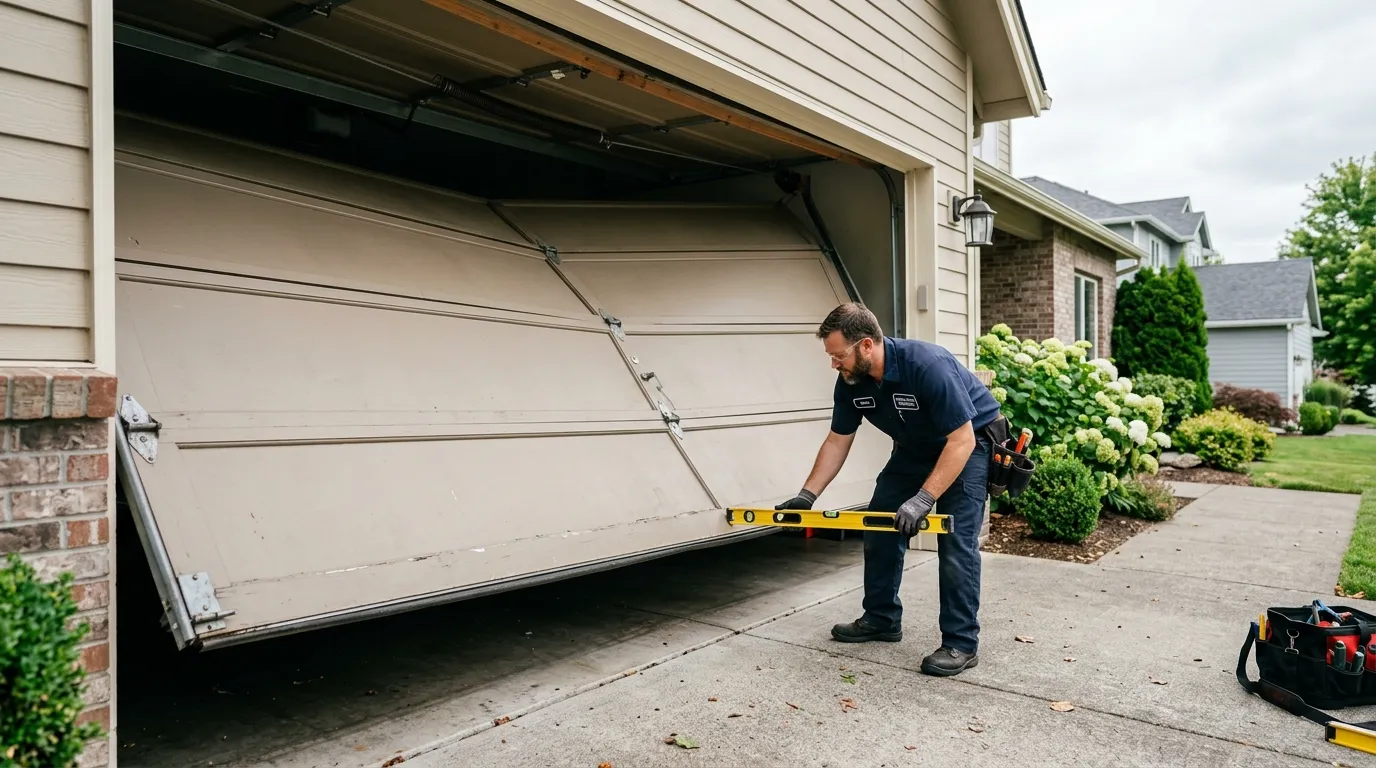 Garage door technician repairing an older residential garage door in Boone North Carolina