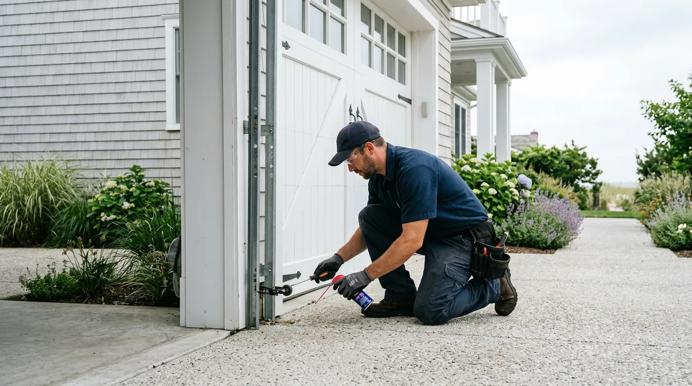 Garage door technician inspecting springs rollers tracks and opener in Boone North Carolina